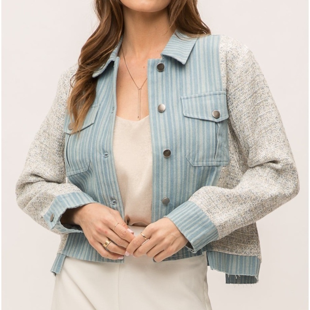 NWT‎ mystree womans L mixed media jean jacket striped denim woven sleeve